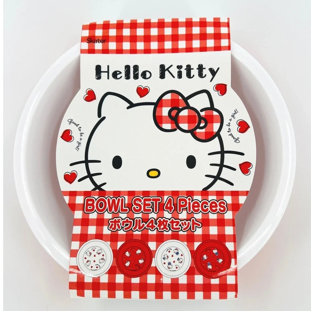Sanrio Hello Kitty Bowl Set 4 Piece Red White Gingham Heart Pattern Skater Japan